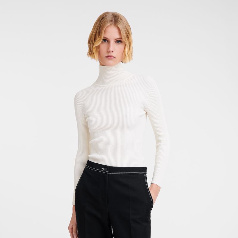 long champ High collar fitted Knit Naisten Villapaita Ecru | FINW7724