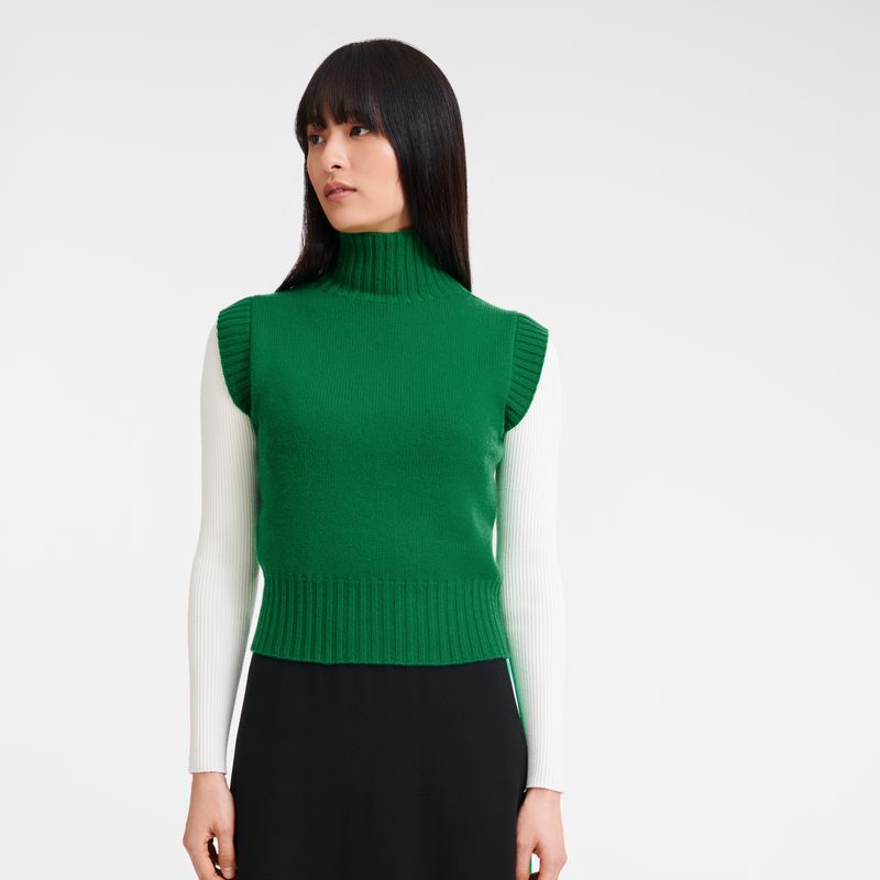 long champ High collar no sleeve Knit Naisten Villapaita Vihreä | FIQM7800