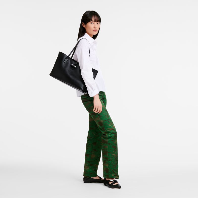 long champ Le Roseau Essential M Tote Leather Naisten Olkalaukku Mustat | FIXY8861