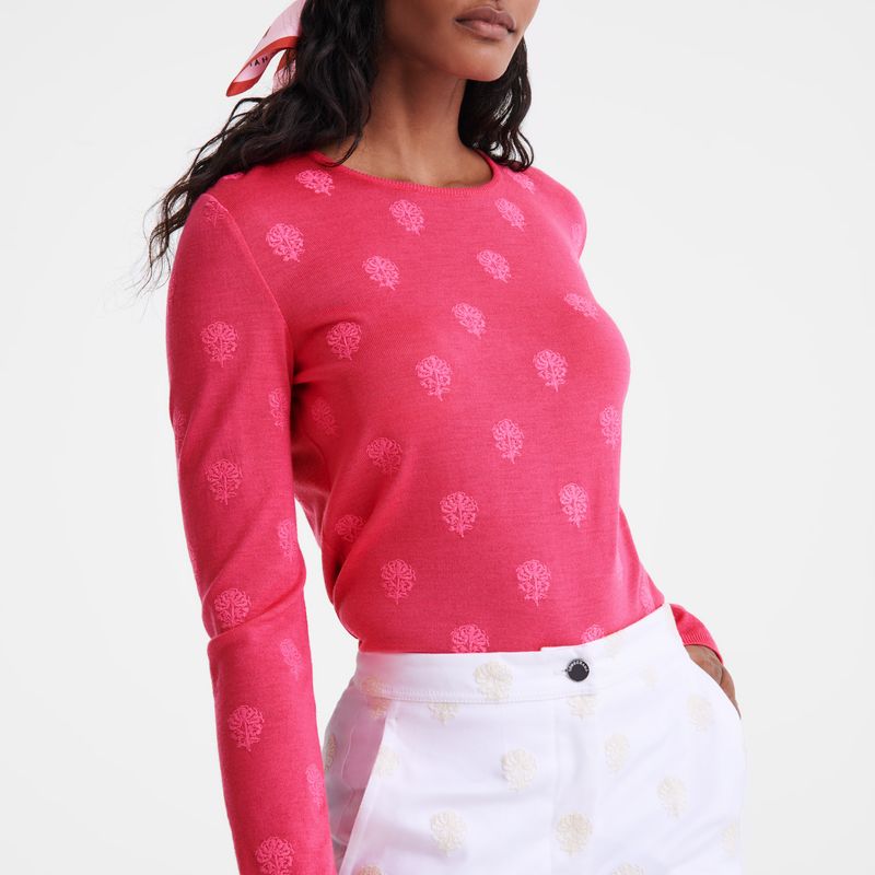 long champ Round neck Embroidered knit Naisten Villapaita Pinkki | FINW7825