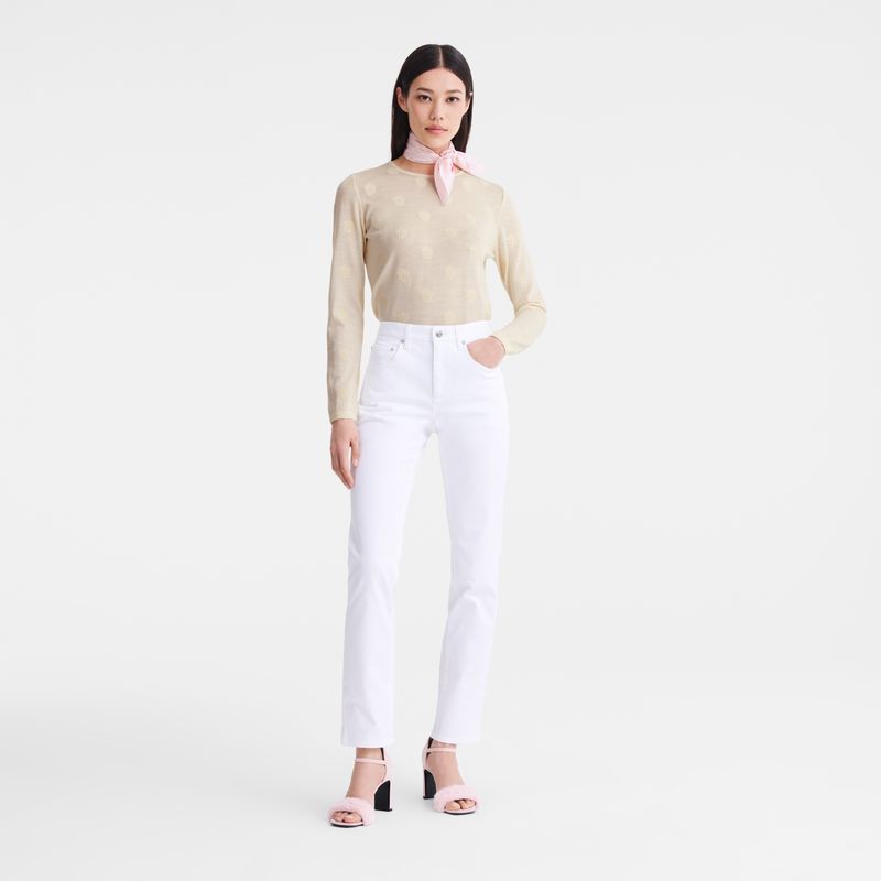 long champ Round neck Embroidered knit Naisten Villapaita Ecru | FIBE7824